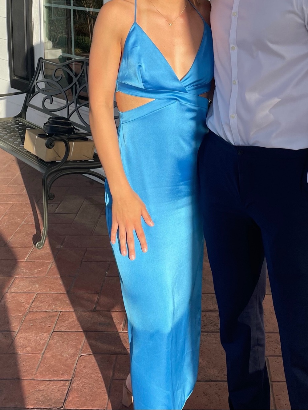 Zara Bright Blue Satin Midi Dress with Cutouts